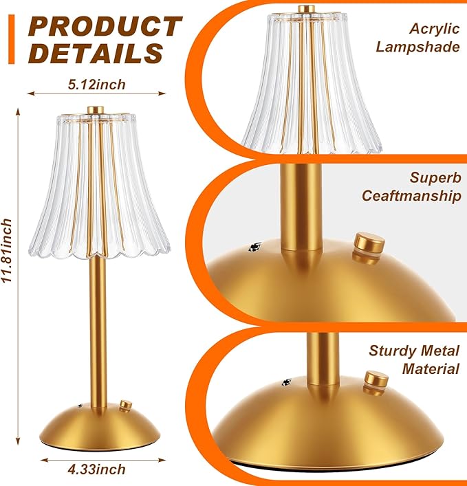 Liliful 20 Pcs LED Portable Cordless Table Lamp Touch Battery Operated Rechargeable Gold Desk Lamp 3 Color Dimmable for Bedroom Living Room Dining (Gold,Rose Style)
