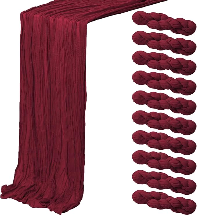 10 Pack Burgundy Cheesecloth Table Runner,10FT/120 Inch Boho Gauze Fabric Table Runner,Rustic Sheer Burgundy Cheese Cloth Runner Bulk for Wedding,Bridal Baby Shower,Birthday Party,Holiday Table Decor