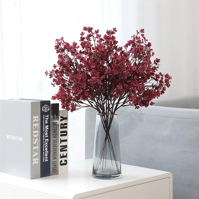 Hananona 10 Pcs Babys Breath Artificial Gypsophila Flowers Halloween Fake Silk Flowers for Home Decor Floral Arrangement Table Centerpieces (10, Burgundy)