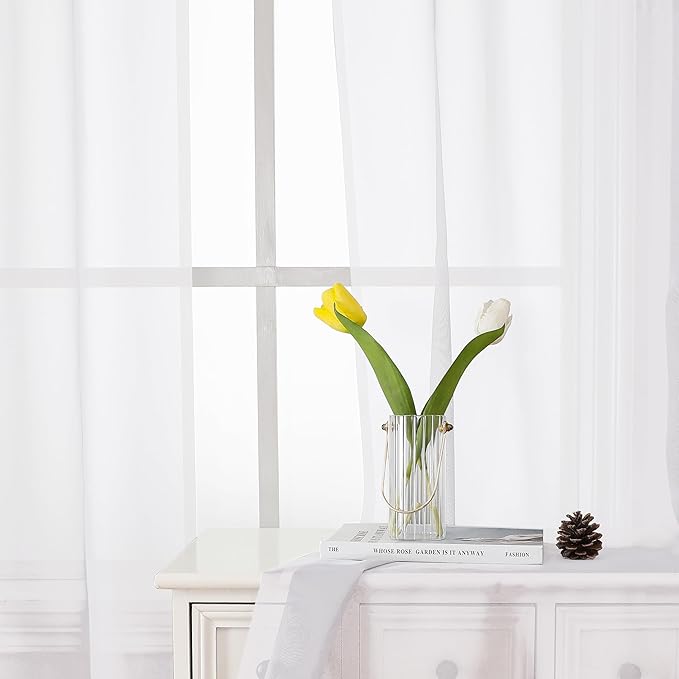 Lecloud White Sheer Curtains 63 Inch Length 2 Panels Set, Elegant Voile White Curtains for Bedroom Living Room, Airy Sheer Drapes for Dinning Room with Rod Pocket, Each Panel 42 X 63 Inch