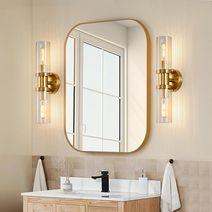 Gold Wall Sconces, 18.2 inch Modern Wall Sconces Lighting with Stripped Glass Shade, 2-Light Inch Gold Vanity Light Wall Lamp for Mirror Bathroom Kitchen Living Room