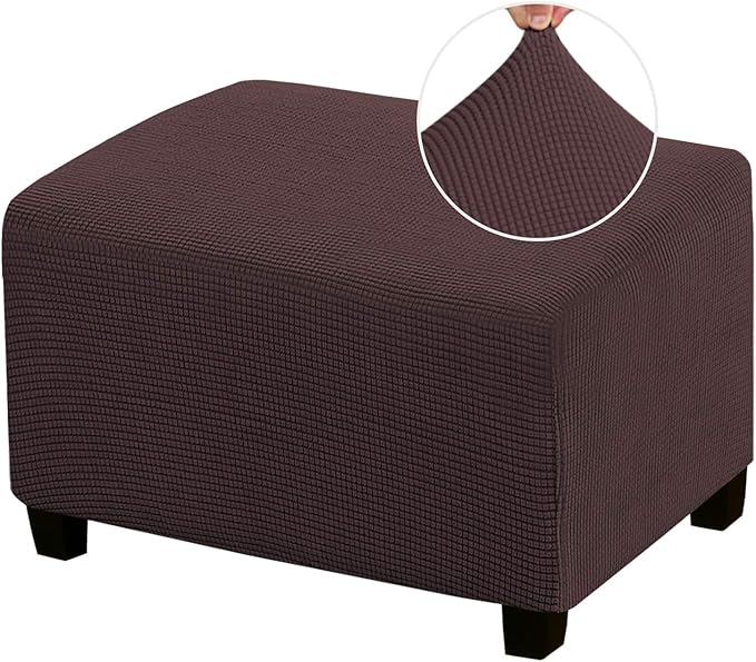 PrinceDeco Stretch Ottoman Cover Slipcovers Rectangle for Living Room Foot Stool Stretch Covers to Fit Ottoman Foot Rest, Thick Checked Jacquard Fabric with Elastic Bottom (Oversized Ottoman, Brown)