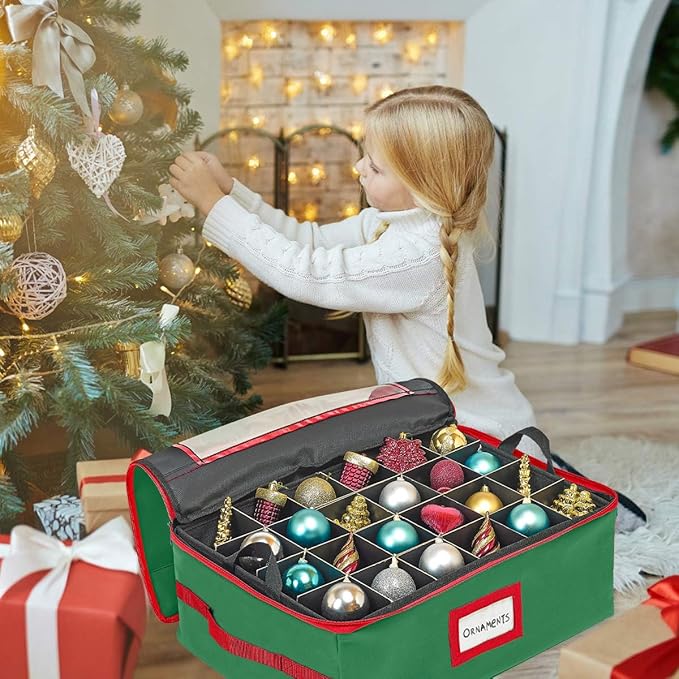 HOLDN’ STORAGE Christmas Ornament Storage Box with Dividers - Fits 72-3” Ornaments, 3 Removable Trays, Durable & Space-Saving, Clear Top Lid, Convenient Storage Designed, Green