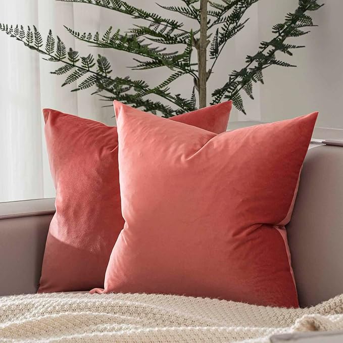JUSPURBET Couch Pillow Covers Set of 2 Decorative Velvet Throw Pillow Covers Cases for Modern Farmhouse Home Decor Soft Cushion Covers Cases with Hidden Zipper for Sofa Bed 16x16 inch,Coral