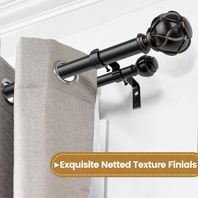 KAMANINA 1 Inch Double Curtain Rods for Windows 72 to 144 Inches (6-12 Feet), Black Heavy Duty Double Curtain Rod, Telescoping Drapery Rod with Netted Texture Finials