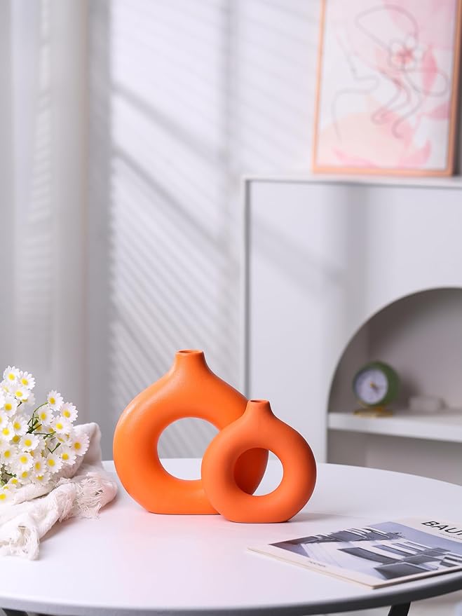 Modern Donut-Shaped Decorative Vases, Handmade Minimalist Boho ins Style, Modern Vase for Home Decor for Wedding Dinner Table Party Living Room Office Bedroom (Orange, Large + Small)