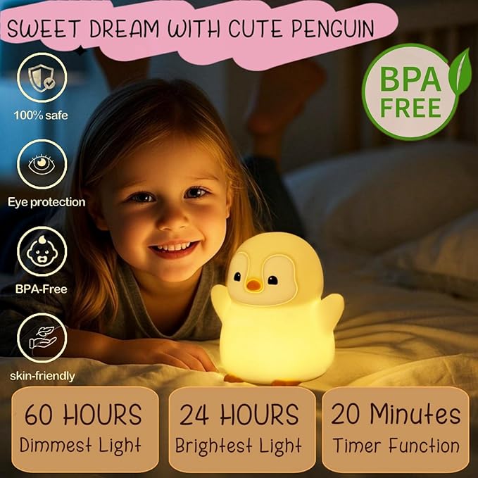 Cute Penguin Night Light, LED Squishy Xmas Penguin Lamp, Food Grade Silicone Dimmable Nightlight, Kids Gray Penguins Light, Rechargeable Light Up Penguins Gifts, Kids Room College Decor