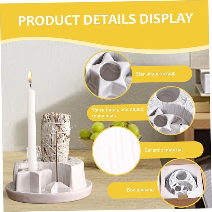 Sage Holder 4 in 1 4.9" Ceramic Sage Holder for Burning Moon Star Candle and Incense Easy Clean Incense Burners for Meditation Yoga Room