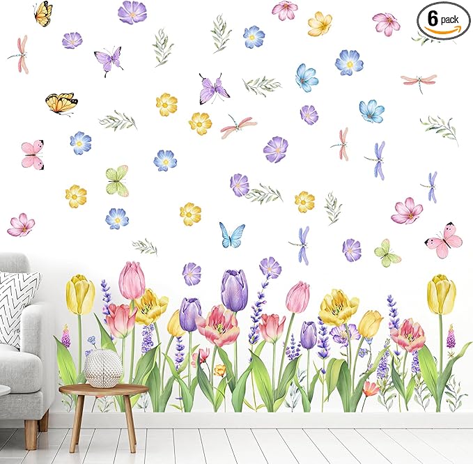 Eersida 6 Sheets Spring Wall Stickers Flower Decals Lavender Tulip Butterfly Spring Flower Wall Clings Art Garden Decorations for Living Room Bedroom Home