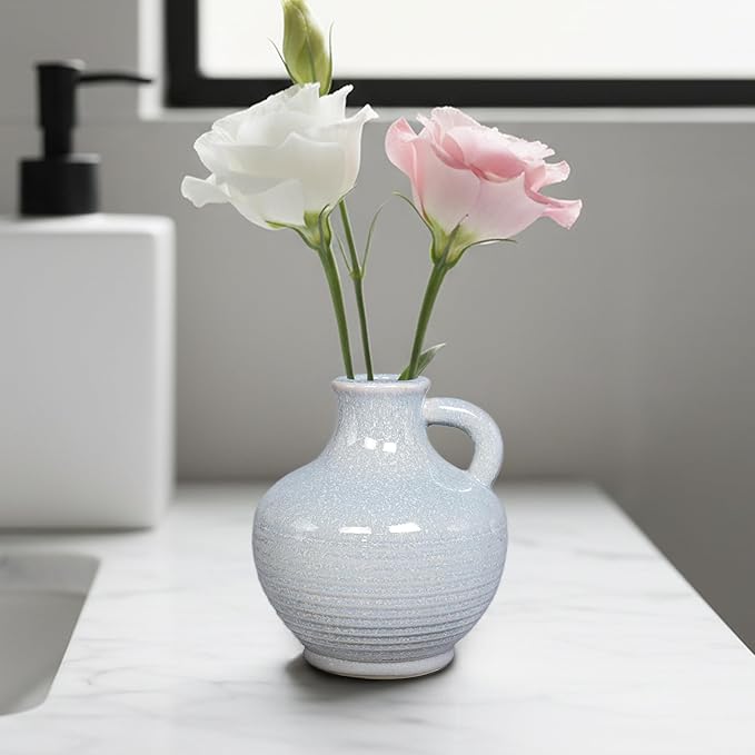 Sunddo Blue Ceramic Vases for Home Decor, 6 Inch Modern Decorative Vase with Handle, Small Flower Vase for Centerpiece, Entryway Living Room Dining Table Farmhouse Office Decor
