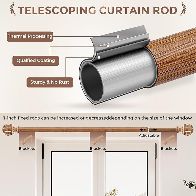 Wood Curtain Rods for Windows 28 to 48 Inches (2.33-4ft), 1'' Diameter Heavy Duty Adjustable Rustic Farmhouse Drapery Pole with Boho Imitation Wooden Grain Decorative Finials, Size 30"-60"