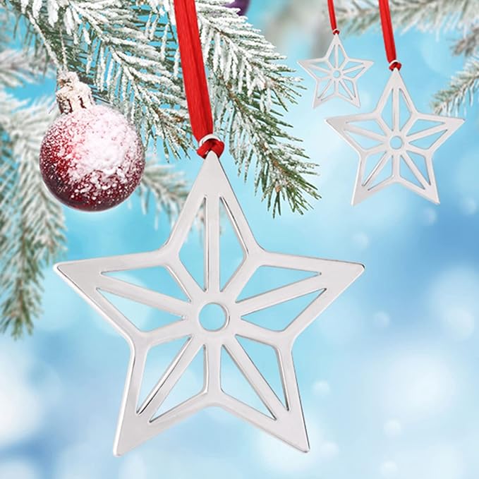 Set of 6 Christmas Hanging Ornaments,Silver Star Christmas Ornament for Xmas Tree Decor, Christmas Tree Ornament-Snowflake Reindeer Snowman Christmas Tree Ornament Gift (6, Star)