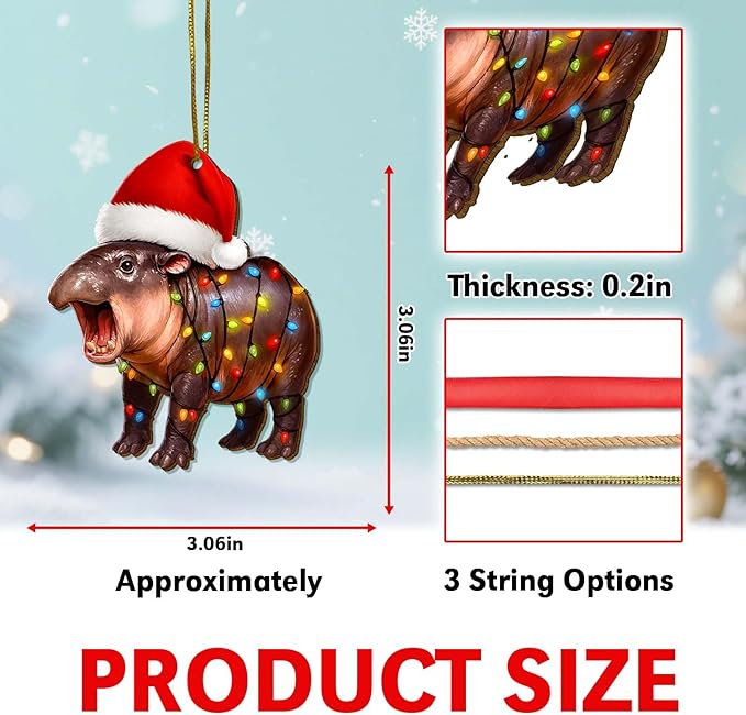 Moo Deng Ornament – Wooden Christmas Tree Decor 2025, Funny Lucky Hippo Keepsake Gift for Thai Culture Fans and Pet Lovers