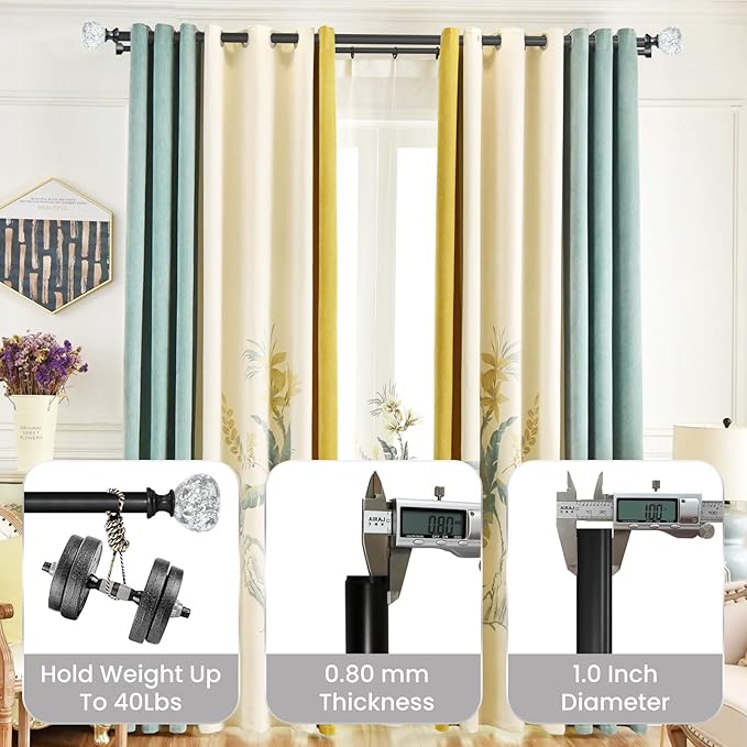 Matte Black Double Curtain Rod for Windows 48 to 84 Inch: Double Window Treatment Curtain Rod Heavy Duty Adjustable from48 to 84 Inch - Silver Foil Resin Finials and Double Curtain Rod