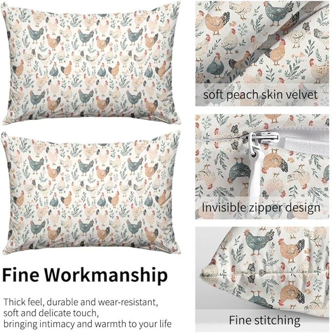 Chicken Pillowcases Set of 2 Funny Rooster Bed Pillow Protectors with Zipper Standard Size Boho Rustic Floral Botanical Throw Pillow Covers for Couch Nursery Bedding Decorative 24"X12"