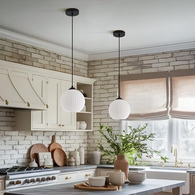 Small Milk Glass Globe Pendant Light Fixtures Black Farmhouse Pendant Lights Kitchen Island Mid Century Modern Hanging Lamp White Ribbed Glass Pendant Light