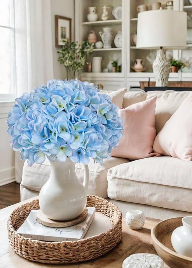 Hollyone 6 Pcs Blue Hydrangea Artificial Flowers Heads with Stems Silk Faux Hydrangea Blue Fake Flowers for Home Indoor Outdoor DIY Floral Wedding Flower Bouquets Kitchen Table Centerpiece Decor