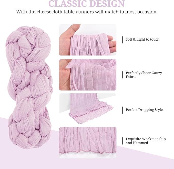 12 Pack Purple Pink Cheesecloth Table Runner 35x120 Inch 10Ft Gauze Cheese Cloth Table Runner, Boho Rustic Wedding Table Runner for Wedding Bridal Shower Graduation Banquet Table Decorations