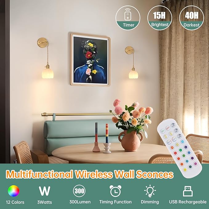 Battery Operated Wall Sconce with White Tulip Shade Pattern Glass Adjustable Chain Retro Gold Wall Mounted Light, Modern Wall Lamp Fixtures Decor for Bedside Bedroom Indoor Doorway，Set of 2
