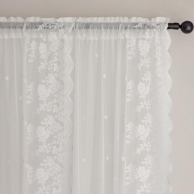 White Semi-Sheer Curtains 2 Panels – Vintage Floral Lace for Bedroom/Kitchen, Airy Rustic Privacy Light Filtering Rod Pocket Window Drapes, Elegant Chic Victorian Pattern Design, 52W x 45L Inch