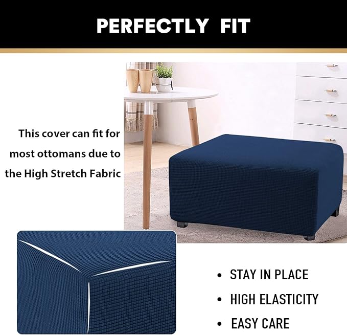 PrinceDeco Stretch Ottoman Cover Slipcovers Rectangle for Living Room Foot Stool Stretch Covers to Fit Ottoman Foot Rest, Thick Checked Jacquard Fabric with Elastic Bottom (Oversized Ottoman, Navy)