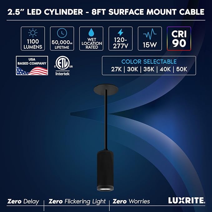 LUXRITE 2.5-Inch LED Cylinder Pendant Light with 8FT Surface Mount Cable, 5CCT 2700K-5000K Selectable, CRI90, 1100LM, 15W, TRIAC/0-10V Dimmable, Universal Voltage 120V-277V, IC Rated ETL, Black Finish