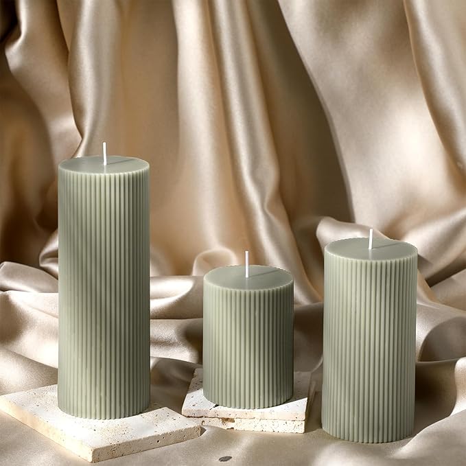 Ribbed Pillar Candles Set of 3, Width 3" High 4" 6" 8" Large Soy Wax Orchids Scented Pillar Candles Aesthetic Ribbed Modern Home Decor for Bathroom Living Room(Bean Green)