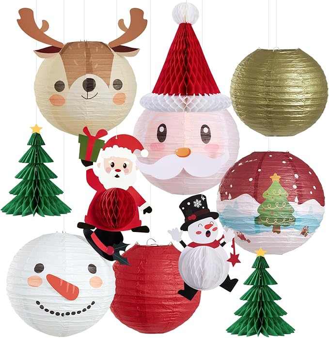 Christmas Hanging Paper Lanterns and Honeycomb Set, 11 PCS Santa Snowman Reindeer Theme Lanterns and Paper Christmas Tree Honeycombs, Holiday Ceiling Party Decorations for Home, Classroom
