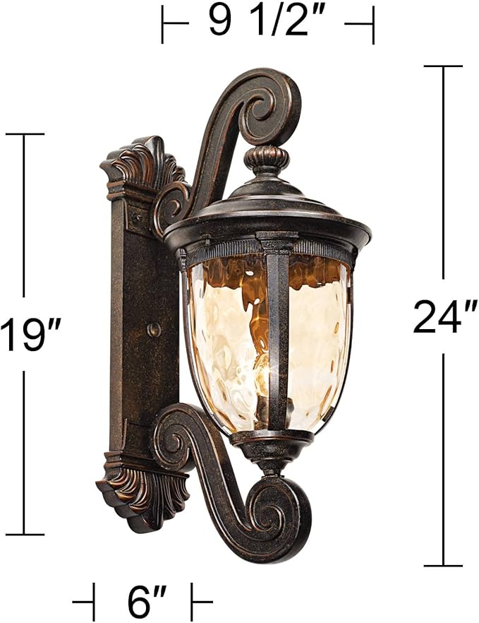 John Timberland Bellagio European Outdoor Wall Light Fixture Bronze Scroll 24" Champagne Hammered Glass Decor for Exterior House Porch Patio Outside Deck Garage Yard Front Door Garden Home