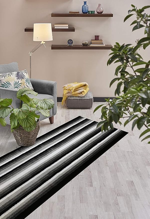 Custom Size Hallway Runner Rug, Slip Resistant, 26 Inch Wide X Your Choice of Length, Stripes Black, 26 Inch X 11 feet