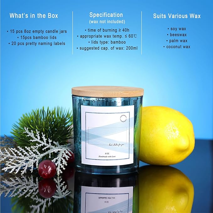 LAMORGIFT 15 Pack Glass Candle Jars with Lids (8oz, Lake Blue) - Candle Making Jars Containers for Making Candles - Mercury Glass Candle Jars include 20 Pcs Labels