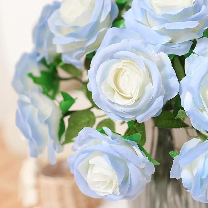 Nubry Artificial Silk Rose Flower Bouquet Lifelike Fake Rose for Wedding Home Party Decoration Event Gift 10pcs (Gradient Light Blue)
