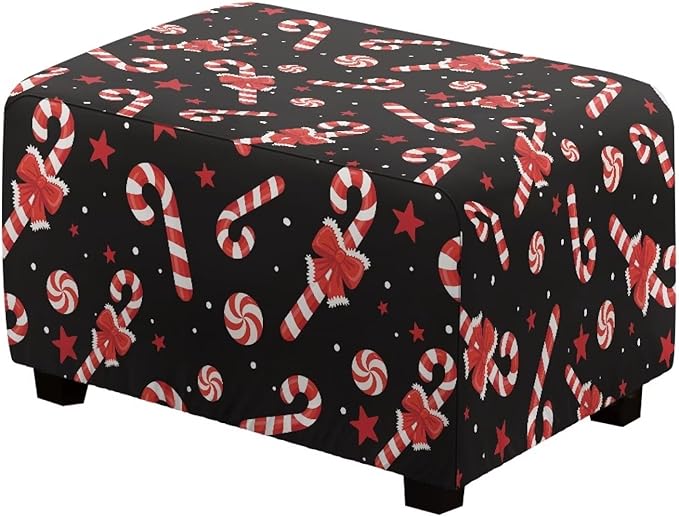 Christmas Candy Cane Rectangle Footstool Cover 30x24x15 Inch Stretch Ottoman Slipcover with Nonslip Elastic Bottom Small Storage Footrest Stool Cover for Ottoman Decor