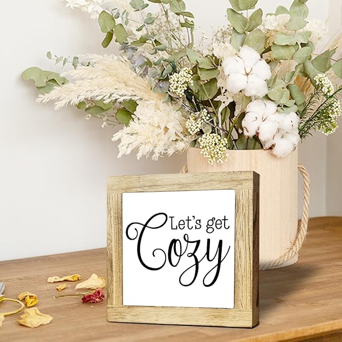 Let's Get Cozy, Inspirational Wood Signs, Box Wood Plaques Desk Décor, Farmhouse Home Decor Sign for Shelf, Family Table Decor for Kitchen Bedroom Dining Room, Living Room Decors, Housewarming Gift