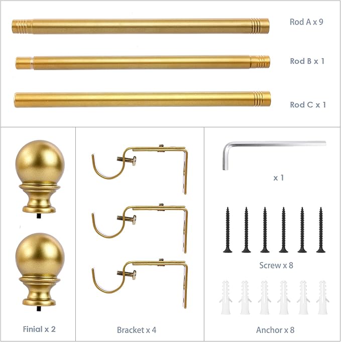 Curtain Rods for windows,1" Diameter Curtain Rod, 32-120" Standard Decorative Window Curtain Rod Set with Brackets for bathroom Kitchen Bedroom Window, Gold
