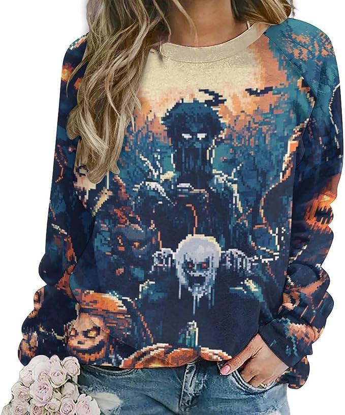 Halloween Sweatshirts for Women Funny and Spooky Print Crewneck Oversized Pullover Outdoor Lounge Fashion Sweater