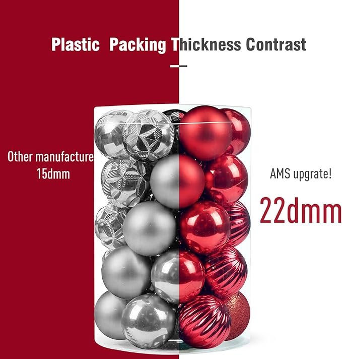 AMS 34ct Christmas Ball Mini Ornaments Party Decorations Shatterproof Festival Pendant Hangings for Xmas Tree Decor(1.57''/40mm,Red)