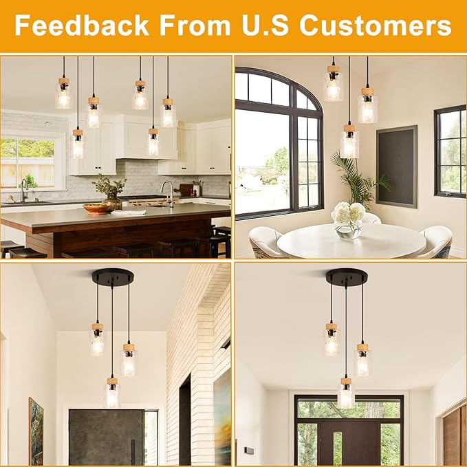 Modern Pendant Lights Kitchen Island,No Assembly Required Black Farmhouse Kitchen Island Lighting+Clear Hammered Glass Shade,Industrial Hanging Pendant Lights Fixture for Kitchen Island Dining Room