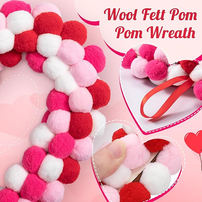 Valentine's Day Heart Felt Pom Pom Wreath, 13" Wool Felt Ball Heart-Shaped Valentines Door Wreath, Pink Felt Heart Wreaths for Valentine Decor, Pompom Valentine Wreaths for Wedding Holiday Anniversary