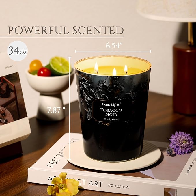 HomeLights Scented Candles for Women & Men, 34oz Candle Jars Aromatherapy 3-Wick Candle, Ideal for Industrial Chic Home Decor and Gifts, Tobacco Noir