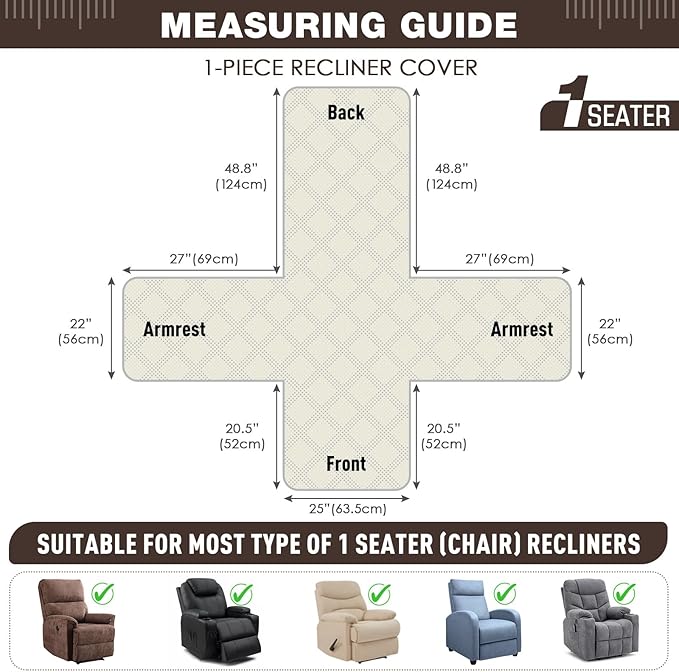 TAOCOCO 100% Waterproof Recliner Chair Covers, Non Slip Recliner Covers for Recliner Chair with Pocket, Washable Reclining Chair Cover Furniture Protector for Kids,Dogs(25'', Chocolate)