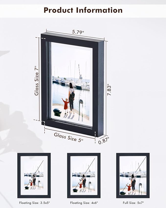 DLQuarts 5x7 Floating Picture Frames for 4x6/3.5x5 Photos, 2-Pack Solid Wood Double Polished Glass Floating Frame for Wall & Tabletop, Postcards and Any Size Photo up to 5x7 Display, Black