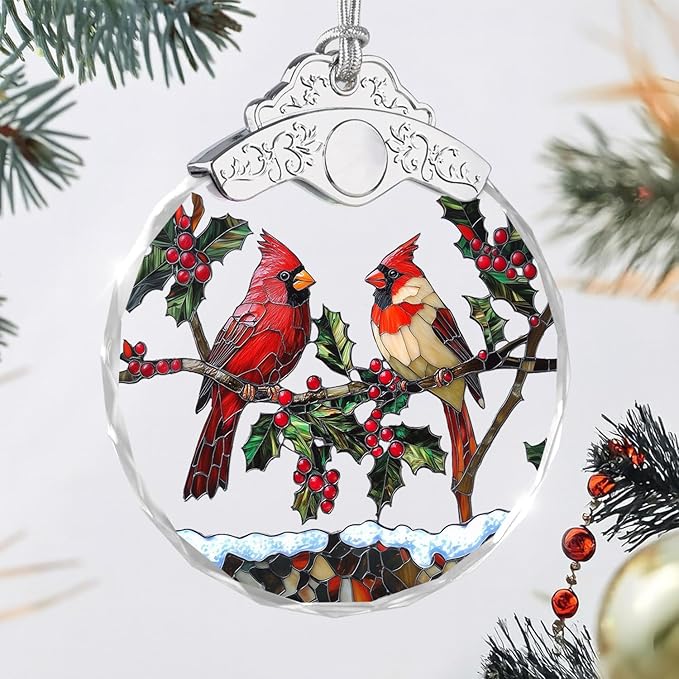 Christmas Ornaments - Cardinal Birds Stained Glass Ornament - Xmas Decor - Ornaments for Christmas Tree - Holiday Presents - Gift Exchange Ideas - Car Hanging Decoration - Wine Bottle Decor