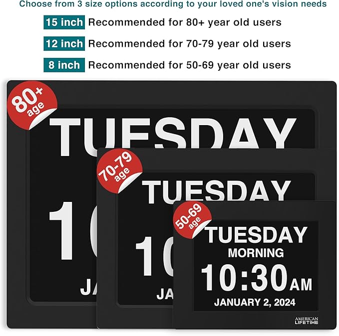 American Lifetime Dementia Clock 2025 Large Digital Display for Seniors with Day and Date, Alzheimer’s Calendar with Custom Alarms, 12-Inch Screen, Black