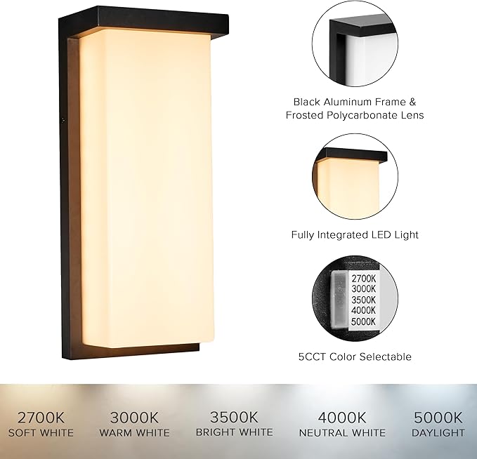 Maxxima 14" LED Porch Lantern Outdoor Wall Light, Black with Frosted Lens, 2500 Lumens, 5 CCT 2700K/3000K/3500K/4000K/5000K, Modern Exterior Patio Sconce Lantern