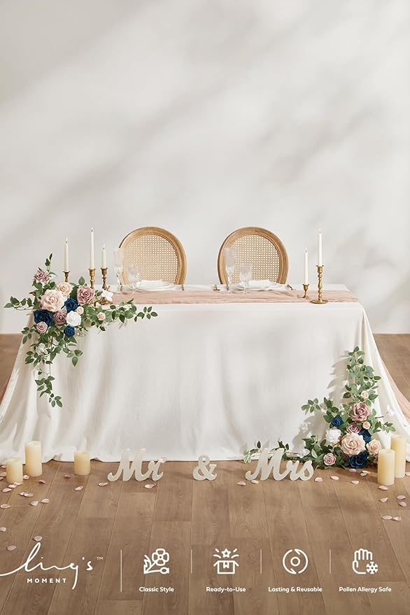 Ling's moment 2PCS Navy Blue Artificial Flower Garland Wedding Arch Flowers Floral Swags Table Centerpieces Dusty Rose Arrangements for Sweetheart Table Easel Wall Entryway Board Backdrop Decor