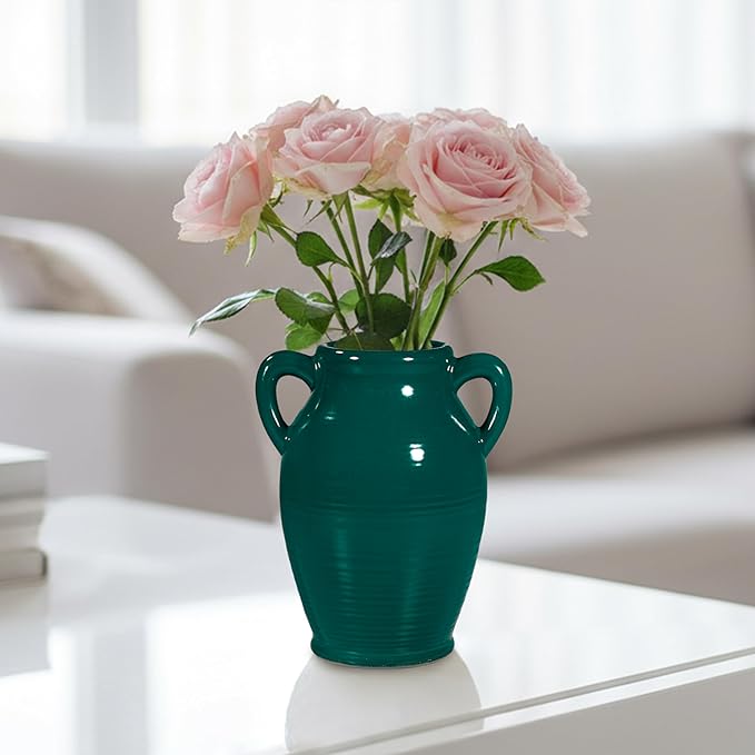 Sunddo Modern Ceramic Vase for Decor - 8 Inch Green Decorative Vase with 2 Handles, Pampas Grass Vases for Centerpieces, Living Room,Table Dining, Mantle, Console, Kitchen Decor