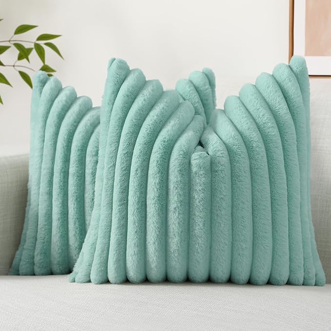 decorUhome Faux Fur Christmas Throw Pillow Covers 22x22 Set of 2, Decorative Soft Plush Striped Neutral Couch Euro Pillow Covers with Velvet Back for Sofa, Bed, Living Room Home Decor, Aqua