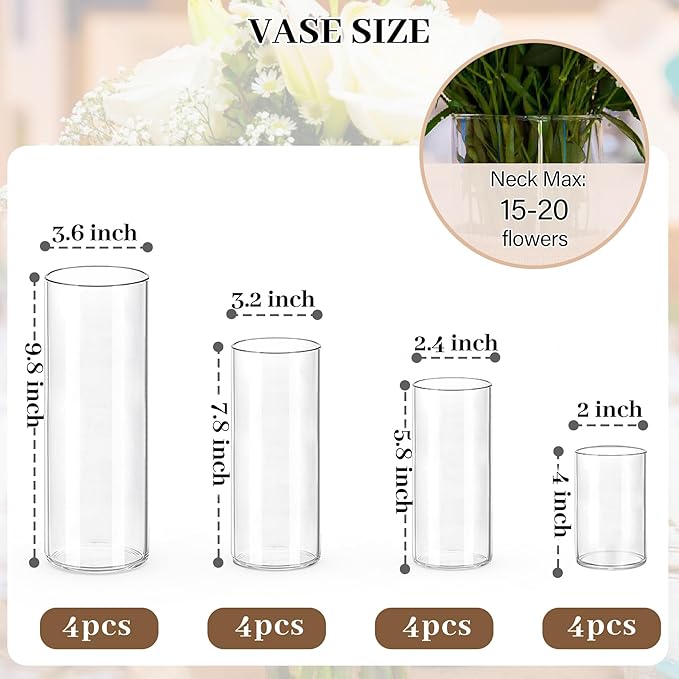 16 PCS Clear Cylinder Vases for Centerpieces | 4, 6, 8,10 Inch Tall Flower Vase for Wedding Decorations, Clear Floating Candle Vases in Bulk, Hurricane Candle Holdersfor Table, Home Décor