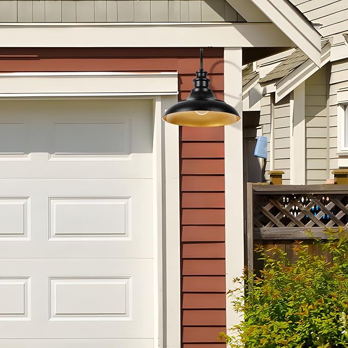 Dusk to Dawn Sensor Outdoor Barn Light Fixtures, 16 Inch Dome Farmhouse Outdoor Wall Sconces, Rustic Exterior Wall Mount Lights, Industrial Black Gold Wall Lanterns for Porch, 2 Pack
